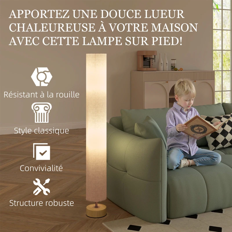 HOMCOM Lampadaire sur pied de salon avec abat-jour en lin, interrupteur à pied, 2 x douille E27, 120 cm, gris