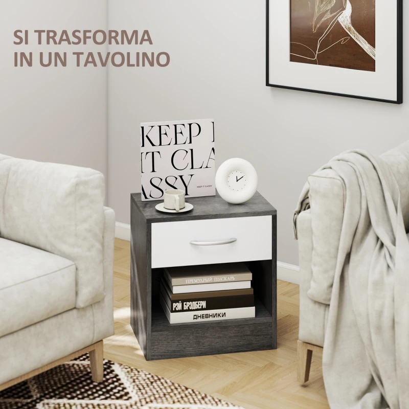 HOMCOM Comodino Moderno con Ripiano Aperto e Cassetto, in Legno, 39x28x41 cm, Bianco e Grigio Scuro