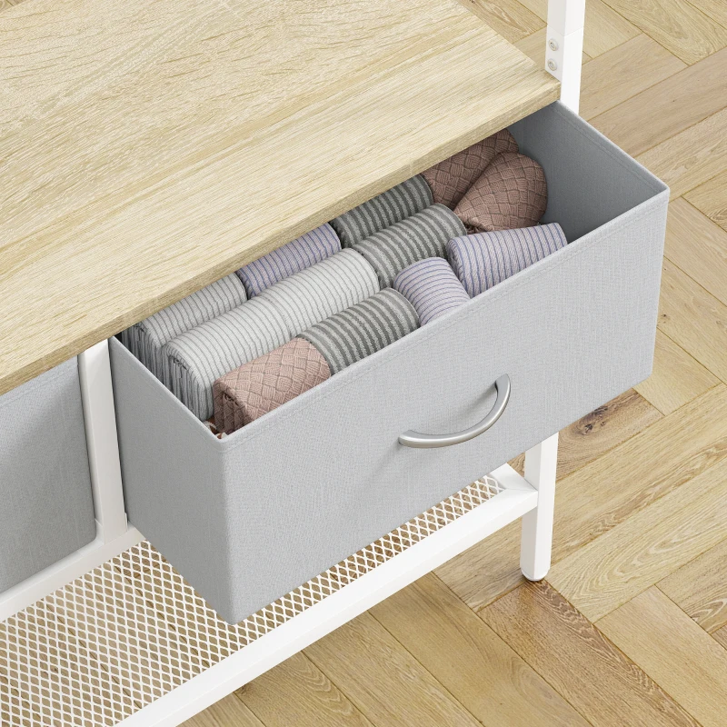 HOMCOM Móvel Cabide de Entrada com Banco Sapateira 8 Ganchos 2 Gavetas de Tecido Barra Prateleira 80x30x180,5 cm Branco e Madeira