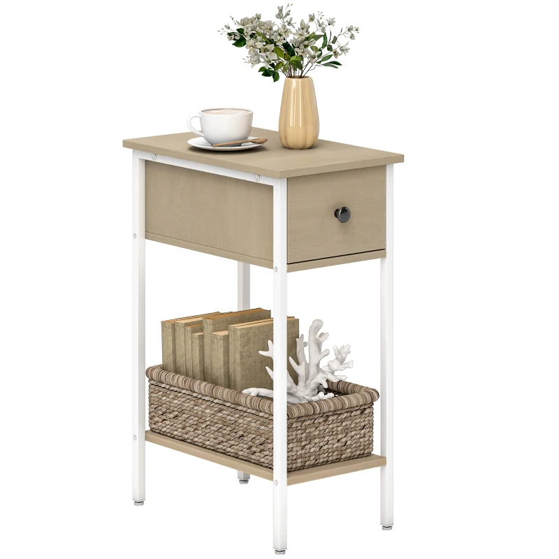 HOMCOM Mesa Auxiliar Estrecha con Cajón Estante Abierto y Estructura Metálica para Salón Dormitorio 25x39,8x58,2 cm Natural