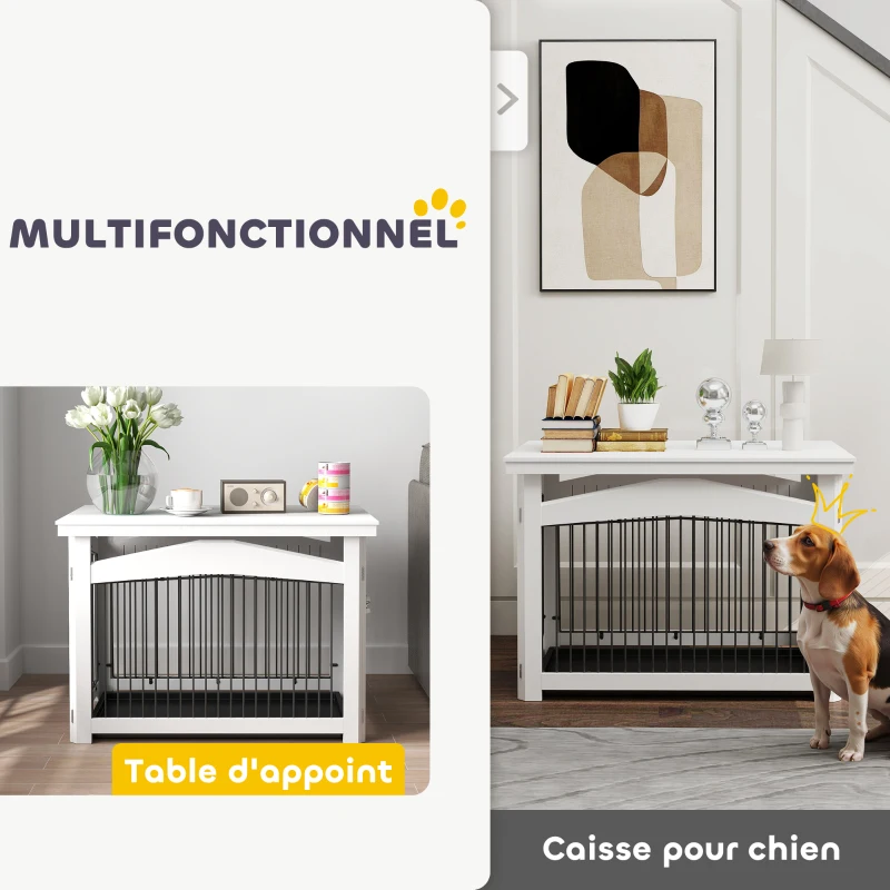 PawHut Cage pour chien 3 en 1 table d'appoint parc pour chien plateau amovible pour chien moyenne 82,5 x 57,5 ​​x 59,5 cm blanc