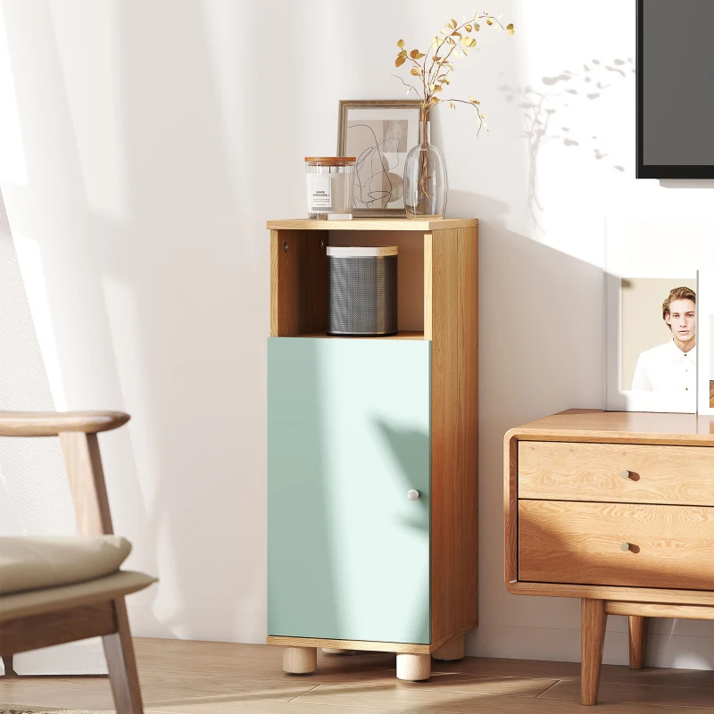 HOMCOM Meuble de salle de bain, meuble de rangement étroit avec placard à porte et compartiment ouvert, 30x30x80cm, vert