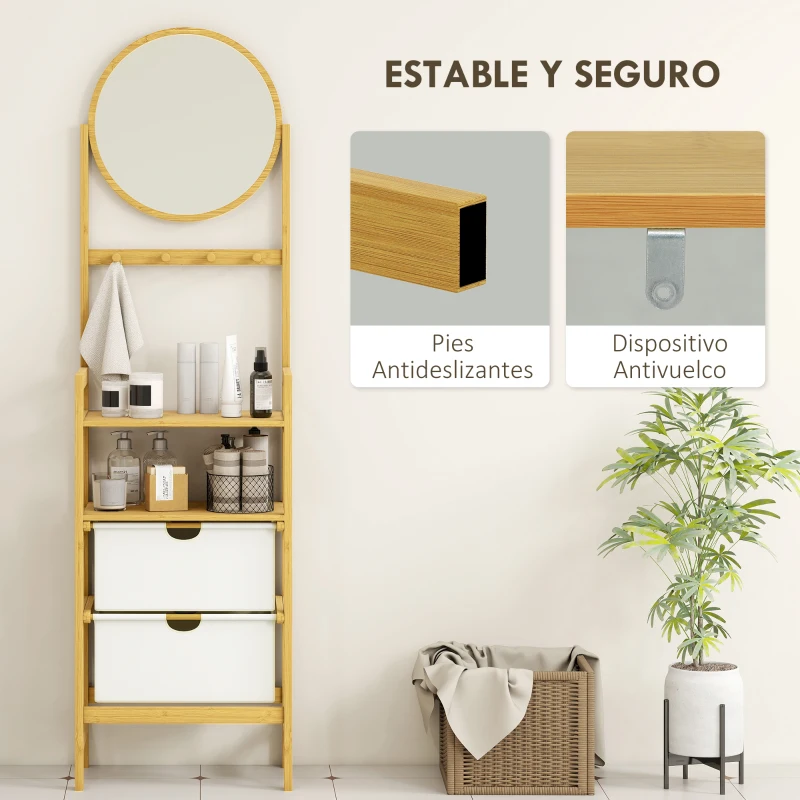 HOMCOM Estantería de Baño de Bambú con Espejo con 4 Ganchos 2 Estantes Abiertos y 2 Cajones de Tela 48,5x30x170 cm Natural