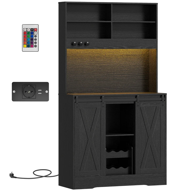 HOMCOM Buffet de Cuisine Haut Style Rustique avec 2 Armoires, Porte-Bouteilles, Prises de Recharge et Lumières LED, Noir(m-6)