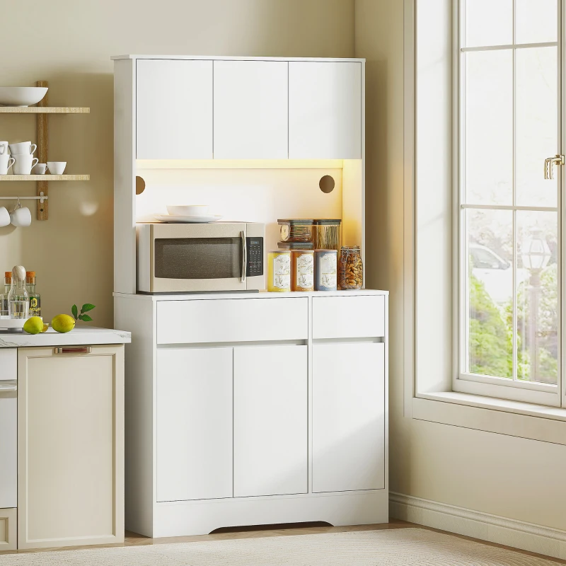 HOMCOM Mobile Buffet Cucina Alto con Luce LED RGB, Piano di Lavoro, 6 Porte, 2 Cassetti, Bianco