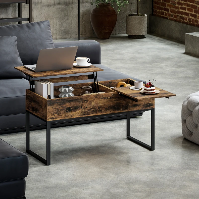 HOMCOM Table Basse Relevable avec Dessus Coulissant Fermeture Douce Espace Caché de Rangement 100x45x67 cm Marron Rustique