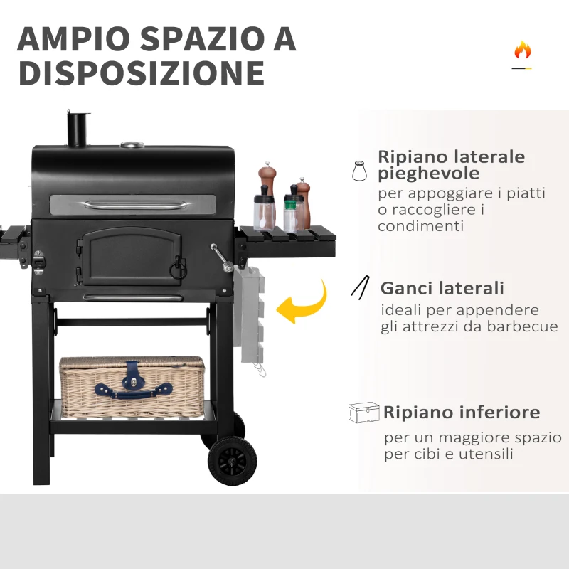 Outsunny Barbecue a Carbone 3 in 1 con Ripiani Laterali e Inferiore, 124x66x112 cm, Nera