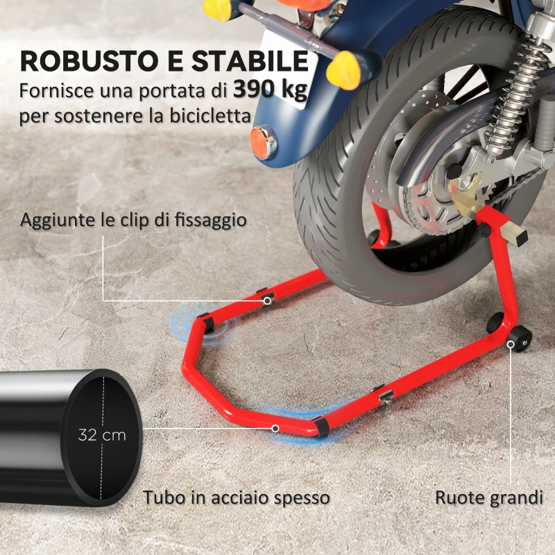 HOMCOM Cavalletto Moto Anteriore e Posteriore con Capacità 390 kg, Forcelle a U e L, Rotelle e Cuscinetti Antiscivolo, Rosso