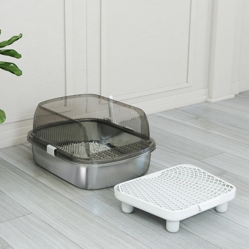 PawHut Bac à Litière pour Chats Couvert avec Bac en Acier Inoxydable Bords Hauts Pelle Marche et Zone pour Chute de Litière Gris