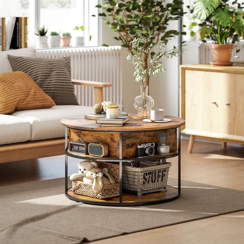 HOMCOM Ronde Koffietafel met Ophefbaar Tafelblad, Opbergruimte, Zijvakken, Stalen Frame, Salontafel, Bruin(m-10)