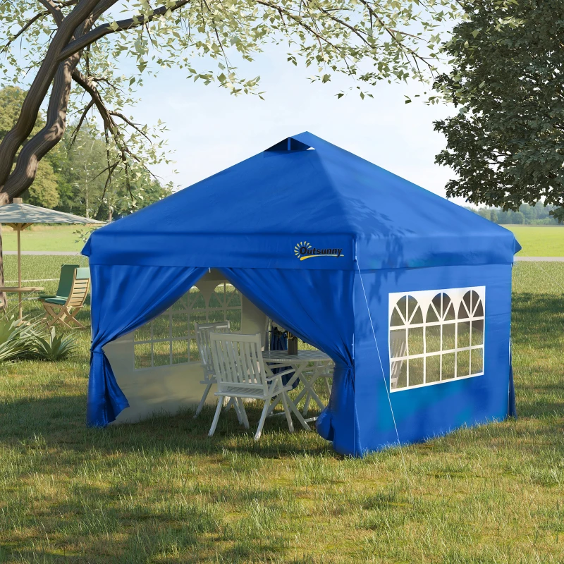Outsunny Pavilion 3x3m Folding Pavilion 4 Side Walls with Window Door Party Tent Garden Tent Pop-Up Pavilion incl. Pegs Guy Ropes Carrying Bag Metal Oxford Blue
