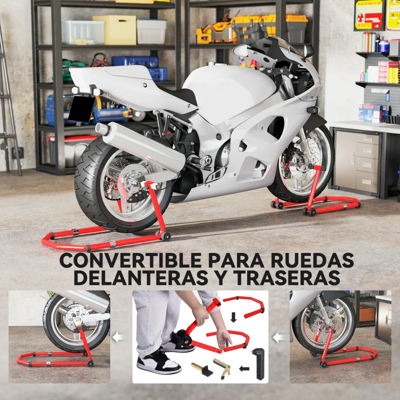 HOMCOM Soporte de Rueda Delantera y Trasera Motocicleta Convertible Carga 390 kg con Adaptadores de Horquillas en U y L Ruedas
