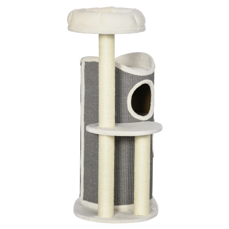 PawHut Kratzbaum mit Katzenbett u. Kratztonne für Katzen, 60 cm x 44,5 cm x 109 cm, Grau + Natur + Weiß