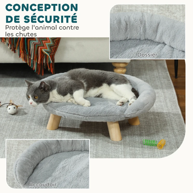 PawHut Canapé pour chien lit pour chien amovible lavable revêtement en peluche pieds en bois de pin solide 47 x 40 x 20 cm gris