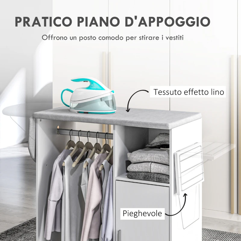 HOMCOM Mobile Asse da Stiro con Piano d'Appoggio, 3 Ripiani a Cubo e Guida, 127x42.5x99cm, Bianco