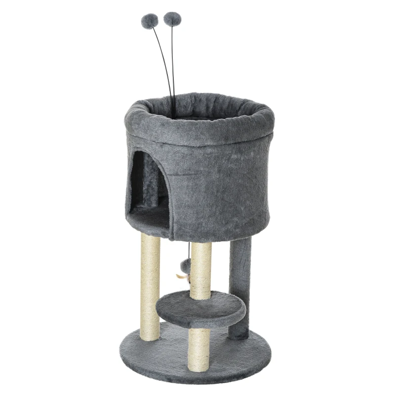 PawHut Kratzbaum inkl. Spielzeug, 1 Katzenhöhle, 1 Katzenbett, 44,5 cm x 44,5 cm x 73,5 cm, Natur+ Grau