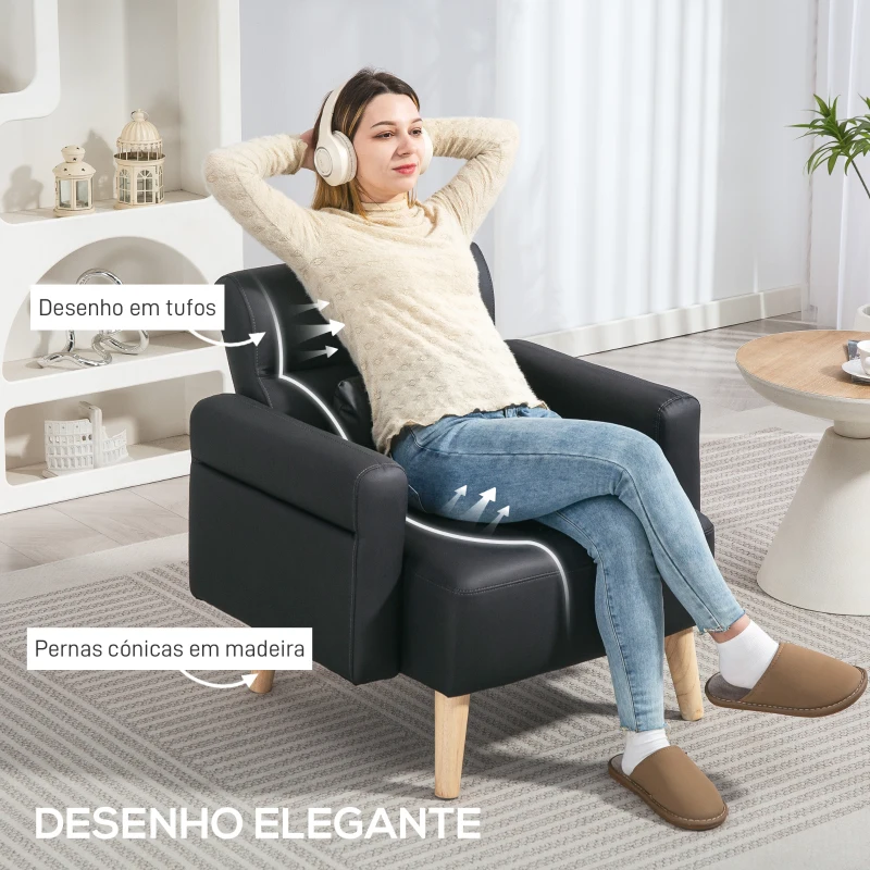 HOMCOM Poltrona Moderna Estofada em Couro Sintético com Apoios de Braço Acolchoados e Pés em Madeira 77x78x78 cm Preto