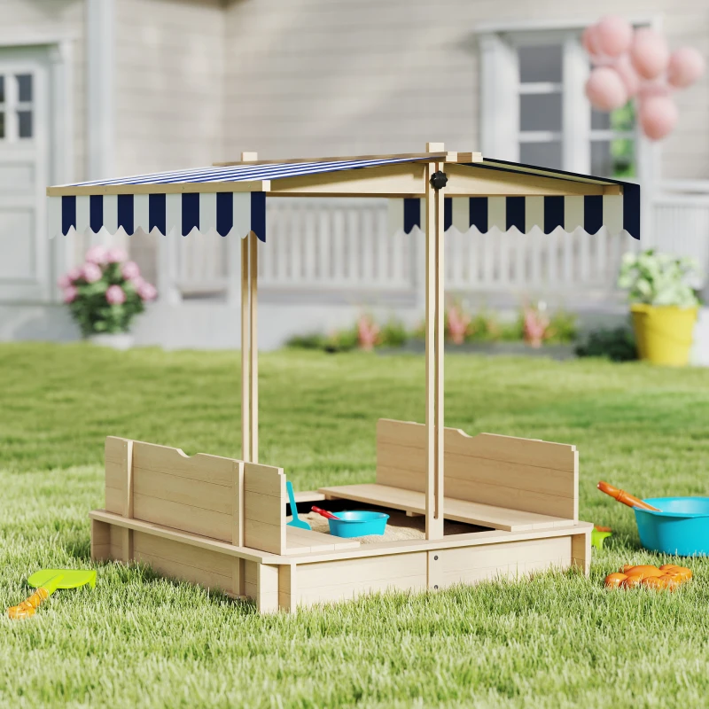 Outsunny Kids Wooden Sand Pit with Lids Children Sandbox Height Adjustable Canopy for Garden, Convertible Bench Seat Outdoor Backyard Playset, Blue and White Canopy