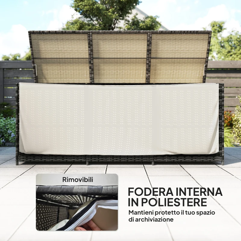 Outsunny Panca Contenitore Rialzata con Fodera Interna, in Acciaio e Rattan, 180x60x73 cm, Grigio e Crema