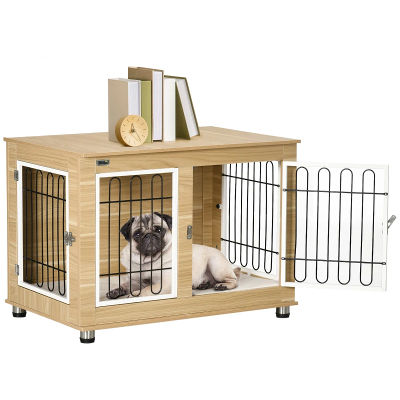 PawHut Jaula de Madera para Perros con Cojín 2 Puertas y Patas Ajustables Uso como Mesa Auxiliar o Mesita de Noche 90x58x65 cm
