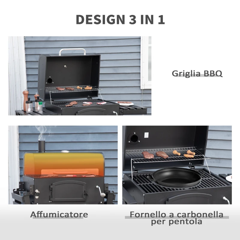 Outsunny Barbecue a Carbone 3 in 1 con Ripiani Laterali e Inferiore, 124x66x112 cm, Nera