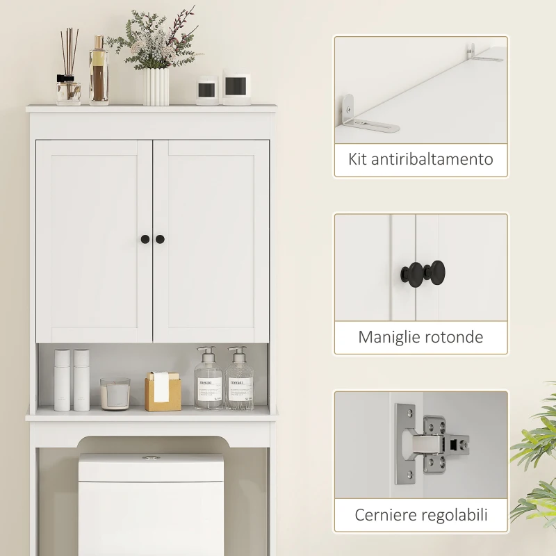 HOMCOM Mobile sopra WC con 3 Mensole Chiuse e Ripiano Aperto, in Legno, 65x22x161 cm, Bianco