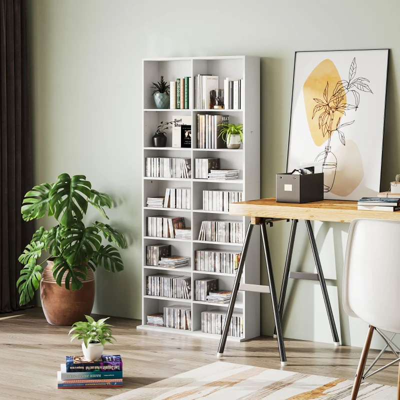 HOMCOM DVD-Rek, CD-Opslagrek, 14 Aanpasbare Planken, 18 Vakken, 175 cm, Blu-ray-Rek, Spaanplaat, Wit