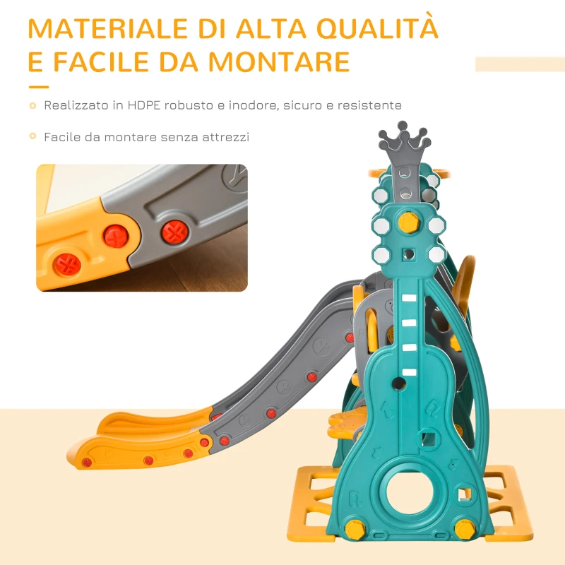 HOMCOM Scivolo 3 in 1 per Bambini con Altalena Regolabile, Canestro e Palle per Cameretta e Giardino, 152x149x107cm, Blu, Grigio, Giallo
