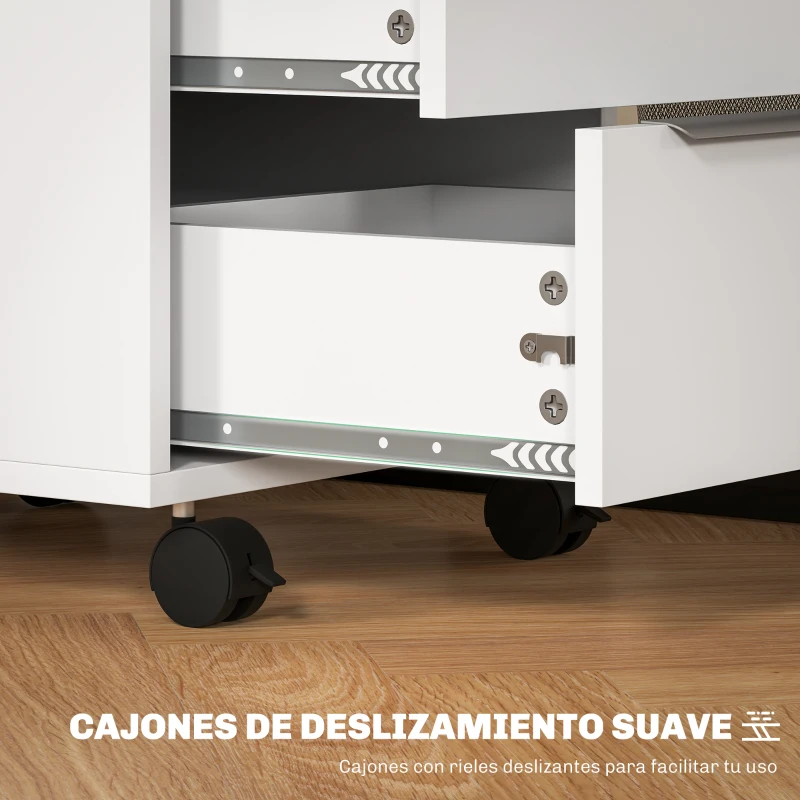 HOMCOM Cajonera de Escritorio con 3 Cajones Ruedas Cerradura y 2 Llaves para Estudio Salón 40x40x63,5 cm Blanco