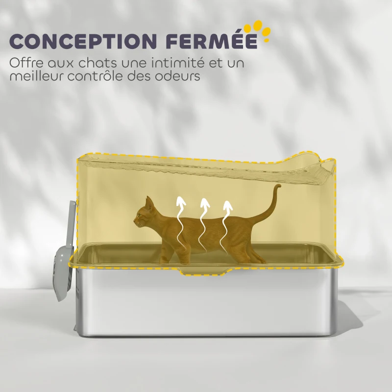 PawHut Bac à litière pour chat en acier inoxydable 85L grande capacité maison de toilette semi-fermée, 60 x 40 x 38 cm noir