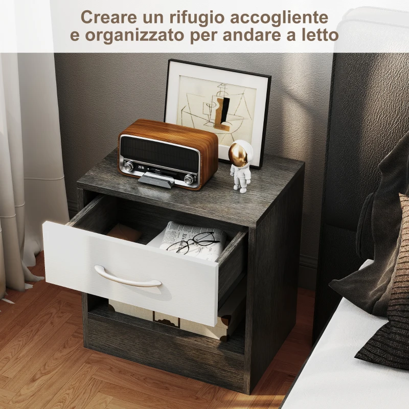 HOMCOM Comodino Moderno con Ripiano Aperto e Cassetto, in Legno, 39x28x41 cm, Bianco e Grigio Scuro