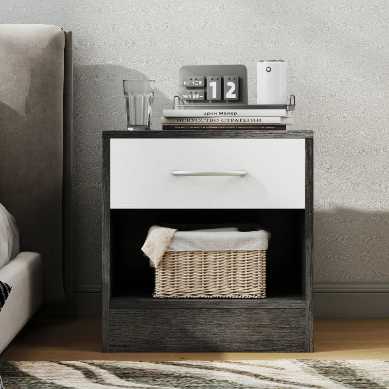 HOMCOM Comodino Moderno con Ripiano Aperto e Cassetto, in Legno, 39x28x41 cm, Bianco e Grigio Scuro