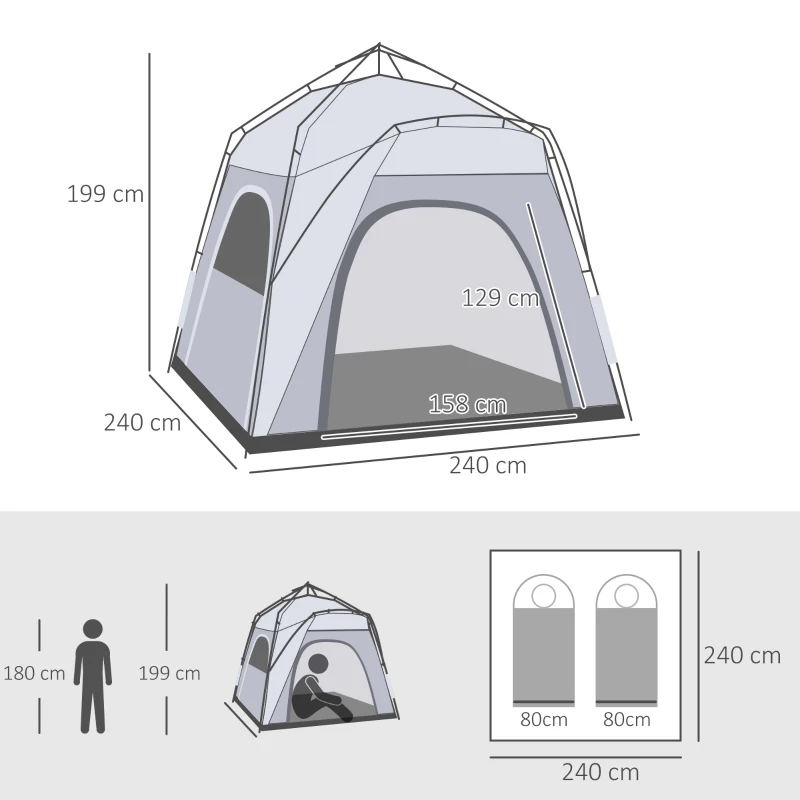Outsunny Pop-up Koepeltent voor 4 Personen Licht, Stabiel, Waterdicht UV 50+ met Deur, Vensters, Bodemzeil(m-3)