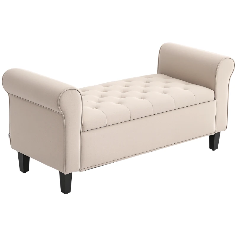 HOMCOM Banc de Lit en Tissu Velouté avec Espace de Rangement et Accoudoirs, 126x48.5x57 cm, Beige