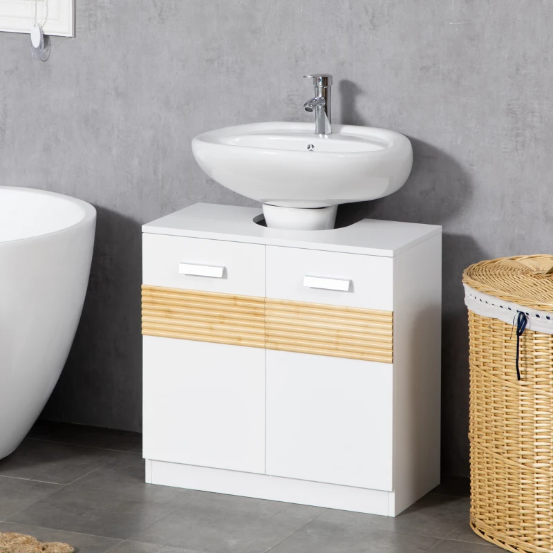 kleankin Meuble salle de bain sous lavabo - meuble sous-vasque - style cosy chic bandeau 10 bambous placard 2 portes avec étagère MDF dim. 60L x 30l x 60,5H cm blanc