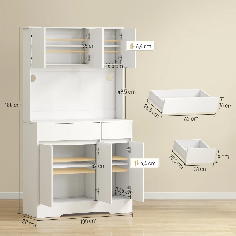 HOMCOM Buffet cuisine meuble cuisine rangement haut avec lumière LED RGB, plan de travail, 6 portes, 2 tiroirs, blanc
