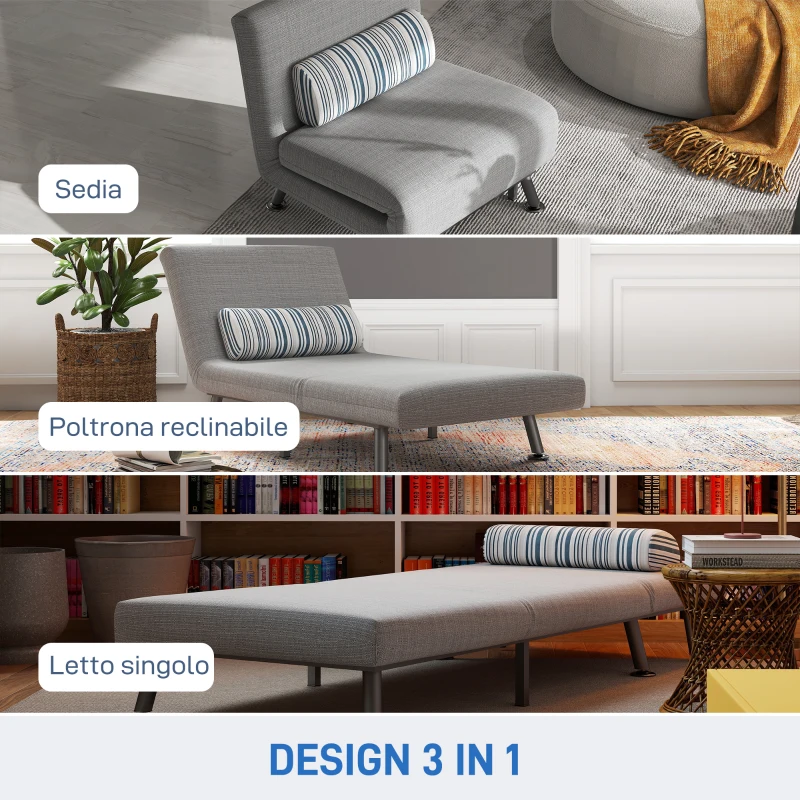 HOMCOM Poltrona Letto Singolo 3 in 1 con Schienale Reclinabile su 5 Livelli, Cuscino Imbottito e Materasso, Divano Letto Singolo Pieghevole per Soggiorno, in Acciaio e Lino, 75x70x75cm, Grigio Chiaro