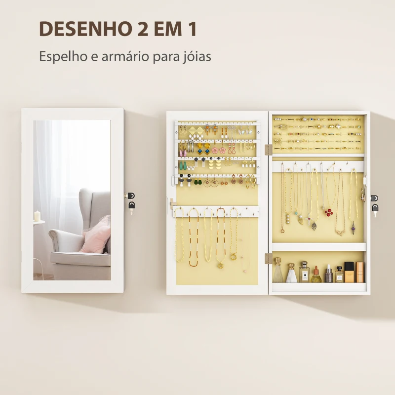 HOMCOM Espelho Joalheiro de Parede Armário para Jóias com Fechadura e Vários Compartimentos para Colares Anéis Pulseiras Branco e Creme