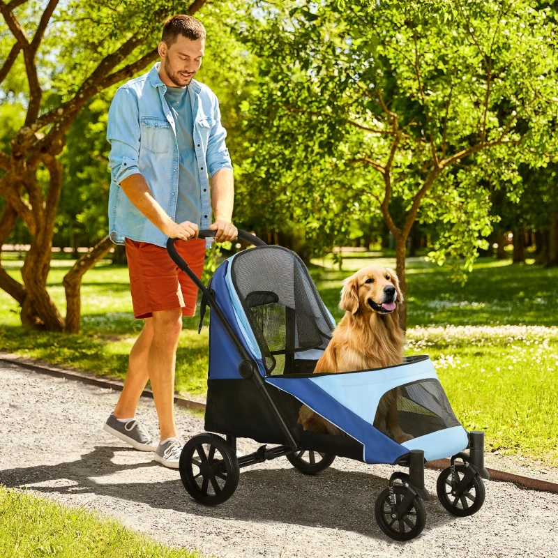 PawHut Cochecito Plegable para Mascotas con Ventanas de Malla Cojín Acolchado para Perros de hasta 30 kg 124x67x100 cm Azul