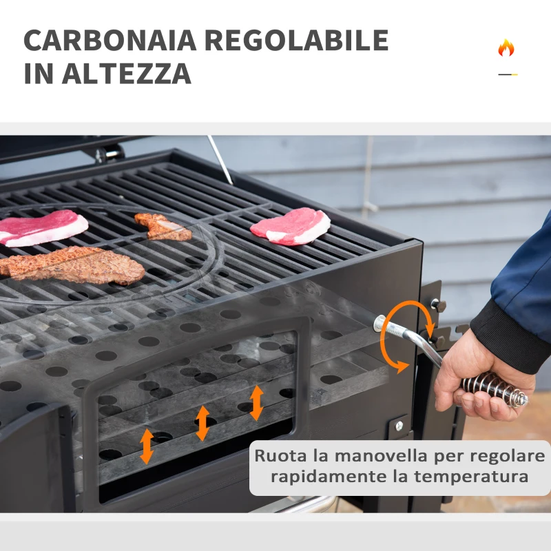 Outsunny Barbecue a Carbone 3 in 1 con Ripiani Laterali e Inferiore, 124x66x112 cm, Nera