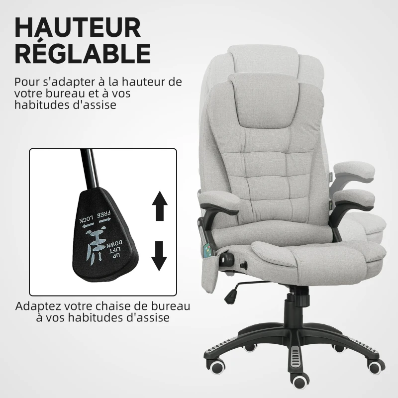 Vinsetto Fauteuil de bureau massant et chauffant chaise de bureau avec hauteur réglable dossier inclinable et télécommande gris