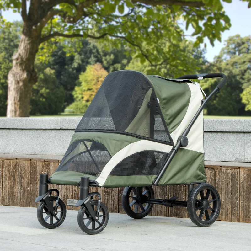 PawHut Hondenbuggy, Opvouwbare Huisdierenwagen voor Grote Honden, met 4 Wielen, Veiligheidslijnen, Remmen, Donkergroen(m-10)