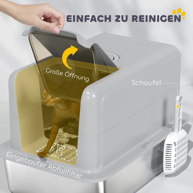 PawHut Kattenbak, Bak van roestvrij staal, Filter, Schep, voor katten tot 6 kg, 40,5 x 60,5 x 41,5 cm, Grijs/Zilver(m-5)