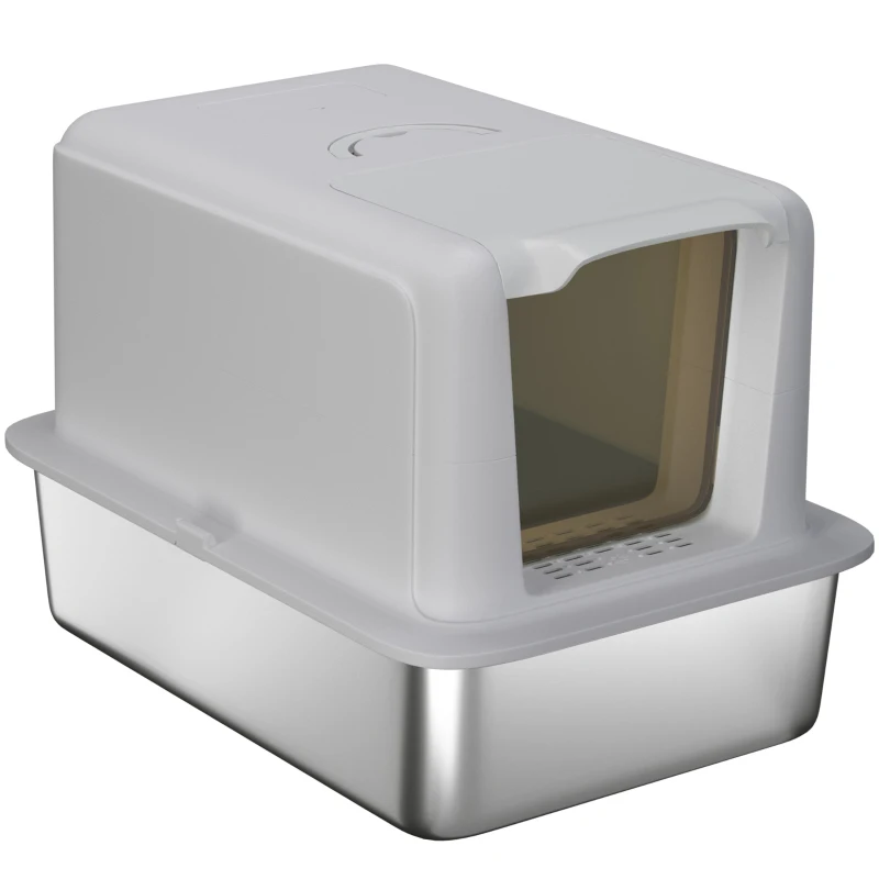 PawHut Litière pour chat, Bac en acier inoxydable, Filtre, Pelle, pour chats jusqu'à 6 kg, 40,5 x 60,5 x 41,5 cm, Gris/Argent