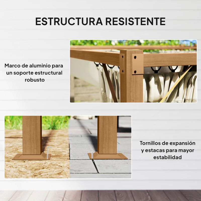 Outsunny Pérgola de Jardín 4x3 m con Techo Retráctil Mosquiteras Laterales de Malla y Marco de Aluminio para Terraza Natural