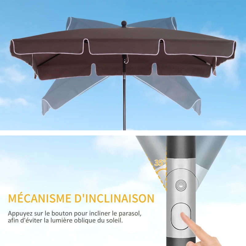 Outsunny Parasol de jardin Parasol droit rectangulaire inclinable alu métal polyester haute densité 2 x 1,3 m chocolat