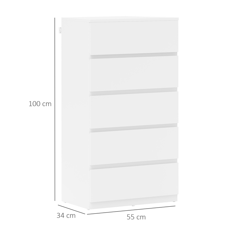 HOMCOM Kommode Sideboard Schubladenkommode, 5 Schubladen, 55 cm x 34 cm x 100 cm, Weiß(m-3)