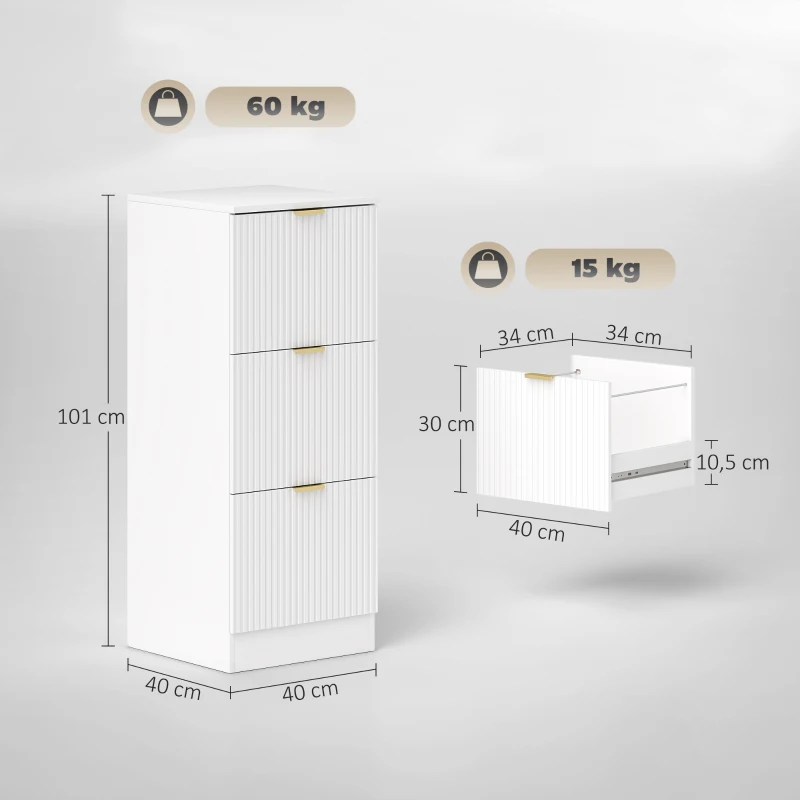 HOMCOM Cajonera de Escritorio con 3 Cajones Frentes Acanalados Mueble Archivador para Tamaño A4 o Carta 40x40x101 cm Blanco