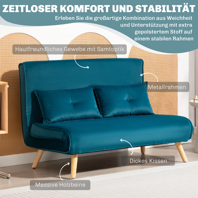 HOMCOM 2-Sitzer-Schlafsofa, Bettsofa, in Bett umwandelbare Couch, verstellbare Rückenlehne, Stoffbezug, Metallrahmen, Grün(m-6)