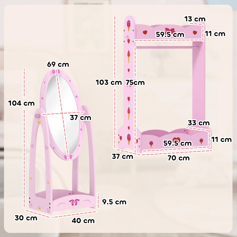 AIYAPLAY Kids Clothes Rail, Kids Dressing Mirror with 360° Rotating, 2 Piece Kids Furniture Set with Storage Shelves, Pink